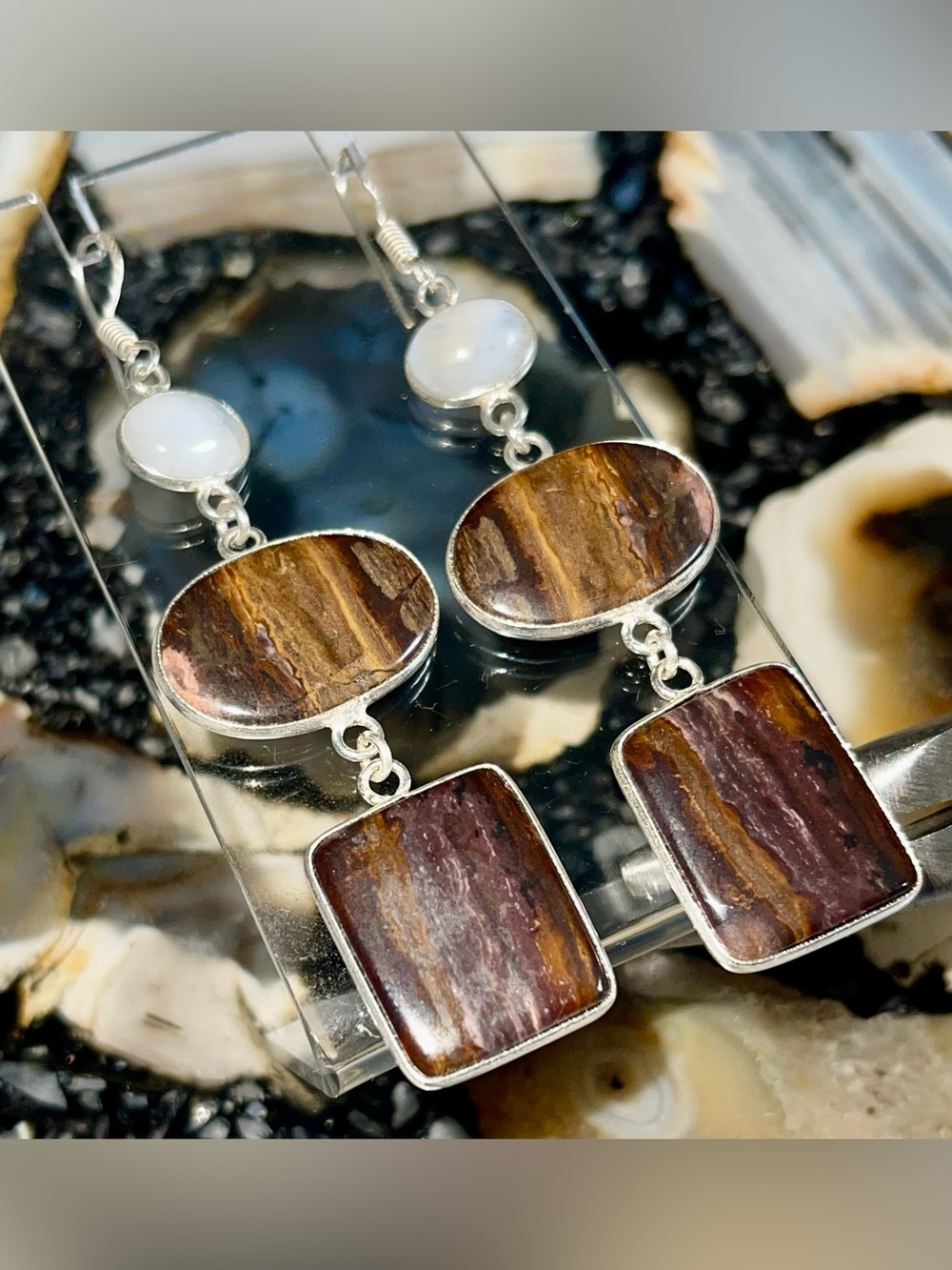 Dark Golden Brown Tiger Eye & Rainbow Moonstone Earrings 3 1/4”
